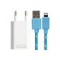 Original OKCS® Ladeset - 1A power supply + 1 meter textile cable - charging cable, data cable textile braided -iOS 8 kompatibel- USB 2.0 suitable for iPhone 6, 6 Plus 5, 5S, 5C, iPad, iPad Mini, iPad Air, iPod Touch 5G, iPod Nano 7G in blue (Electronics)