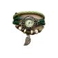 Green Leaf Watch - leather strap - Weave Wrap Around- Quartz Retro Fashion - Ladies Women Pocket Watch + Free Case (Watch)