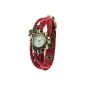 Women Retro Leather Strap Watch Butterfly Quartz Clock Knitted cuff bracelet red (clock)