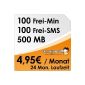 DeutschlandSIM ALL-IN 100 [SIM & Micro-SIM] - 24 month contract period (500MB Datenflat, 100 free minutes, 100 free SMS, EUR 4.95 / month, 19 ct consequence minute price) O2 network (optional)