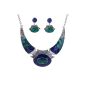 Yazilind Ethnic necklace Blue Green Bib Relief Tibetan Sliver Dark Necklace Earrings Women Jewelry Set (Jewelry)