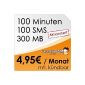 DeutschlandSIM SMART 100 [SIM and Micro-SIM] monthly cancellable (300MB data-Flat, 100 free minutes, 100 free SMS, EUR 4.95 / month, 15ct consequence minute price) O2 network (optional)