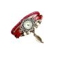 Vintage red leather wrap bracelet wristwatch bracelet Bronze leaf pendant wooden beads analog quartz clock, JS Direct watch (clock)