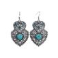 Yazilind Silver earrings Tibetan Turquoise Blue Crystal Long rimous heart dangle elegant vintage (Jewelry)