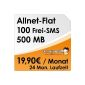 DeutschlandSIM Flat [SIM & Micro-SIM] - 24 month contract term (All-Net-Flat, 100 free text messages, 500MB data Flat, 19,90 Euro / month) O2 network (optional)