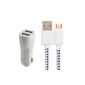 OKCS® Premium Car Charger Kit!  Dual USB Fast Charger + 1 meter charging cable data cable Textile Braided / plaited textile / textile optics - for HTC, Nokia, Huawei, Samsung Galaxy, Sony Xperia and other compatible devices with Micro USB port - in White (Electronics)