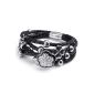 Konov jewelry ladies bracelet, leather Stainless Steel Flower Charms, Black silver (jewelery)