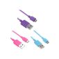 Three EZOPower Micro USB Sync Data Transfer Cable - 2m / (Pink + Blue + Purple) (Wireless Phone Accessory)
