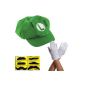 Super Mario Luigi Hat Green Set of 3 + 6x + Beards gloves Costume Cap Hat Hut Nintendo Super Mario Bros known from N64 SNES Gameboy WII Carnival costumes Carnival costumes Carnival Carnival costume Halloween thematys® (Toys)