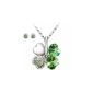 Parure Necklace and Ear Stud Clover 4 leaf Heart Lucky Crystal Swarovski and plated chain 18K white gold - Green (Jewelry)