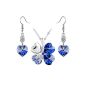 Le Premium® Jewelry Set Four leaves clover necklace + earring dangling heart shaped Swarovski sapphire blue crystals (jewelry)