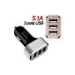 BrainWizz 5.1A® - Lighter Charger Adapter high performance TRIPLE USB Outputs Max 5.1A for iPad, iPhone, iPod, iTouch, GPS, Samsung Galaxy S5, samsung Galaxy Note 4, HTC One, Sony Xperia Z, smartphones, GPS ect, appareills load three simultaneously - Black / Silver (Electronics)
