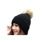 FINEJO Woman warm winter knitted hat with faux-fur (Black) (Clothing)