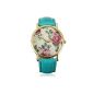 Blue Vintage Flower Watch Basel-style quartz watch leather strap clock Rose ladies watch (clock)
