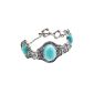 Fantasy Bracelet Antique Asian Carved Type Color Silver Aged Adorned with 3 Stones Turquoise Oval by VAGA © (Jewelry)