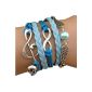 MARENJA Fashion Gift Woman or Man-Leather Strap Blue and Cordon Bleu with Metal Weave Handmade sign in shape with Infinite Blue Pearl Imitation Wing and Music Note with Tete de Mort Cute Style Design Trend Original Adjustable Height 15-20cm ( Jewelry)
