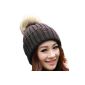 FINEJO knitted hat with pompom faux fur wool winter hat Women