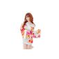 JTC Women Babydoll Kimono / Lingerie Night Gown / Chamber Fleuri Printing Satin-One Size-White and Rose (Clothing)