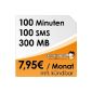 DeutschlandSIM SMART 100 [SIM and Micro-SIM] monthly cancellable (300MB data-Flat, 100 free minutes, 100 free SMS, 7,95 euro / month, 15ct consequence minute price) O2 network (optional)