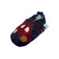 Soft leather baby shoes with suede sole Dotty Fish.  Navy boys car design (textiles)