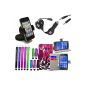 Master 15 in 1 Accessory value Mega pack Violet flower PU Leather Folio shell, screen protector, stylus 10 different colors, Double Adapter Jack 3.5mm to 3.5mm stereo plug cable, car charger, universal car holder for Samsung galaxy ace 4 (Devices electronic)
