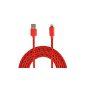 VEO | unbreakable braided cable, 8 pin for recharging and synchronization cable for iPhone 5, iPad Mini, iPad 4G, iPod Touch 5G Nano 7G, 3 METERS RED (Electronics)