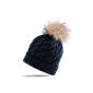 Cable stitch knit hat with real fur Bommel (Textiles)