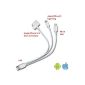 (2 cables) COM PAD 3-IN-1 USB Charging Cable with Micro USB, Lightning, 30-pin dock connector.  iPhone 6 5 4 and Android smartphones.  No MFI cable.  SET with 2 cables and FREE carrying bag.  V1 (Wireless Phone Accessory)