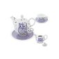Porcelain tea set Tea for one cup of tea Teapot Coaster Owl Purple White (Kitchen)