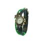 Women Retro Leather Strap Watch Butterfly Quartz Clock Knitted Bangle Bracelet Green (clock)